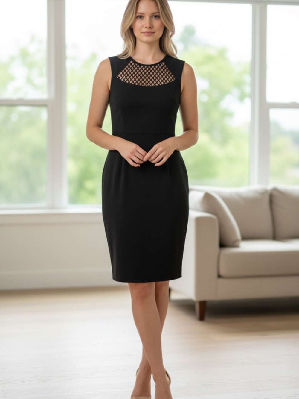 Calvin Klein Black Lattice Neckline Sleeveless Sheath Dress size 2P NWOT